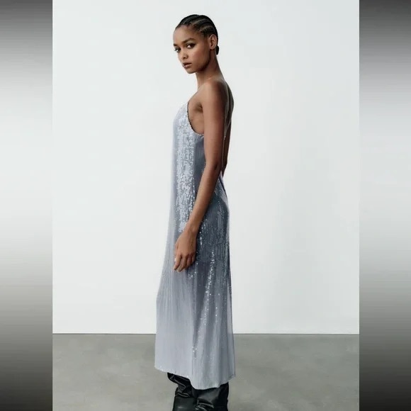 ZARA ~ Women's Blue and Silver Dress - Picture 8 of 16